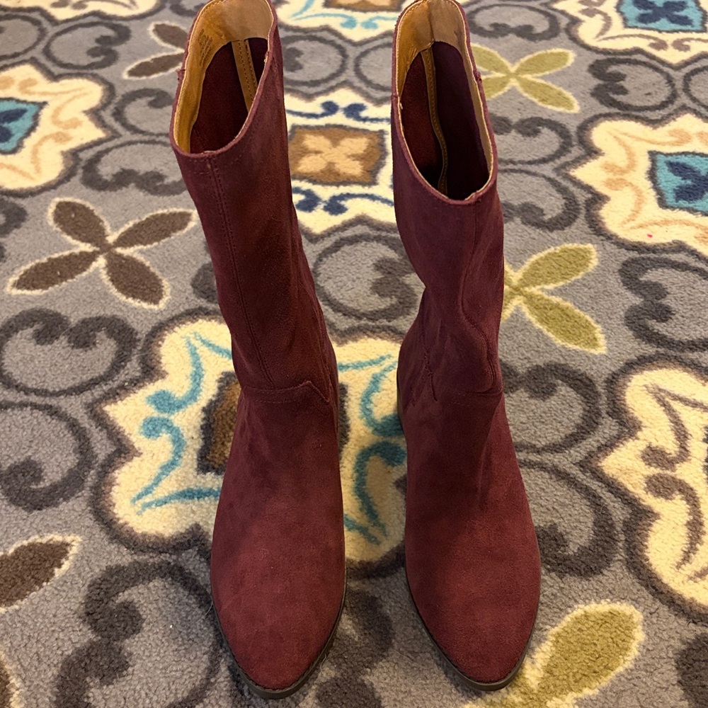 Lucky Brand Lafara Suede Mid Calf Riding Boots - Burgundy - Picture 5 of 7